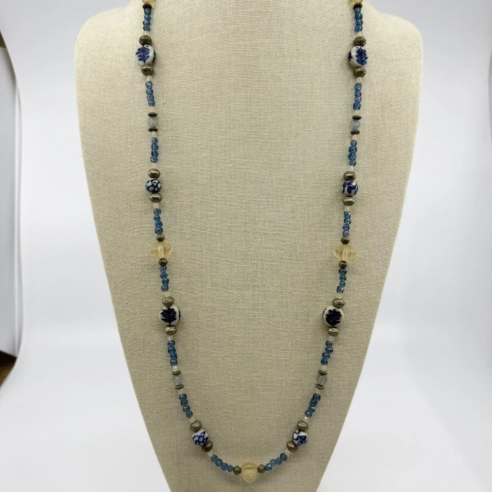 Blue White Porcelain Floral Bead Necklace Carved Acrylic Boho Statement Gift